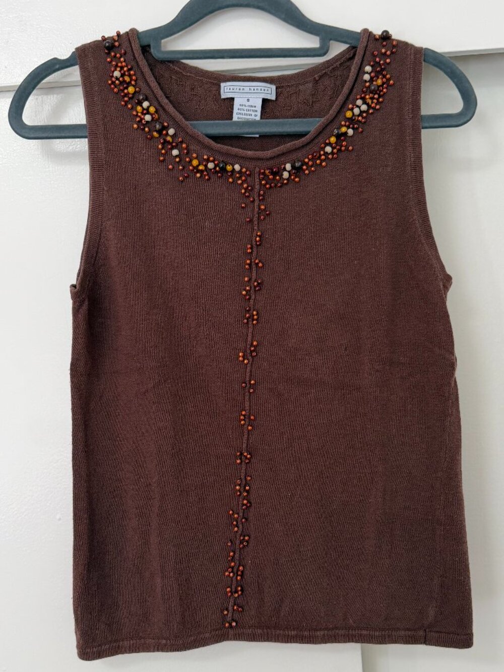 Vintage Lauren Hansen Brown Beaded Knit Tank Top Size Small